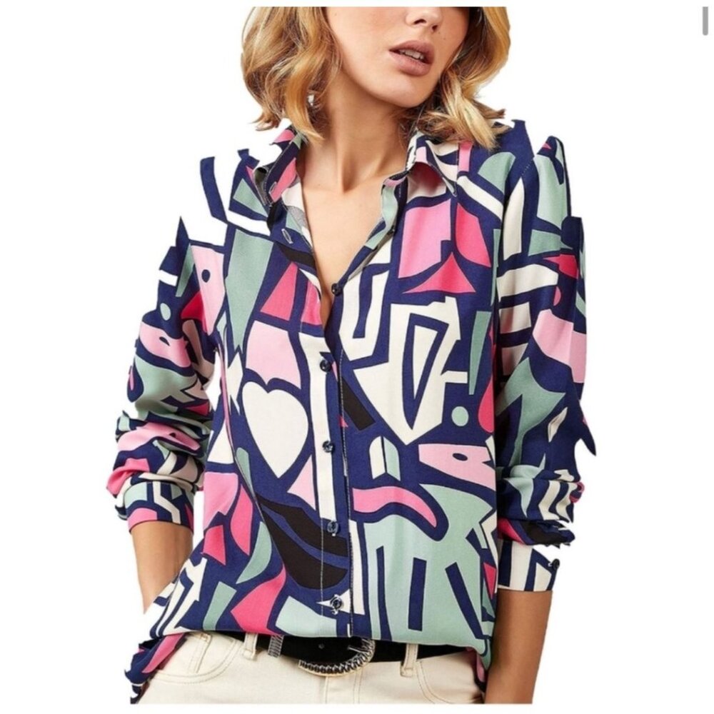 Big Dart Top EU 38/US 16-  Shirt Keith Haring Abstract Art Blouse Heart Pink Bla